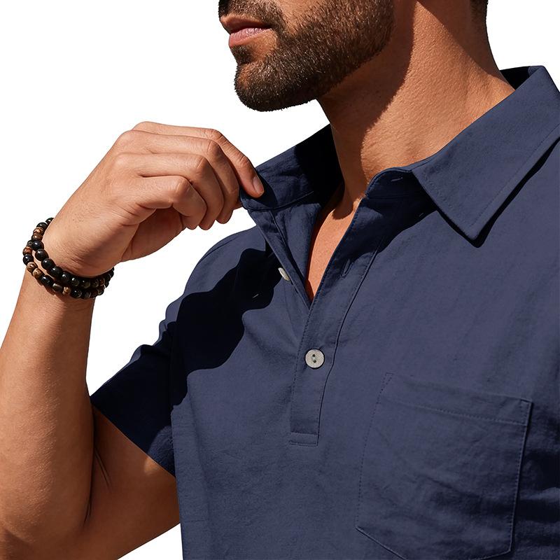 Men Loose Casual Short Sleeve Linen Blend Polo Shirt For Daily Beach Wear