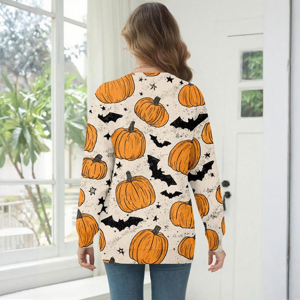 Women's Fashion Casual Long Sleeve Halloween Printed Neck Sweatshirt Top