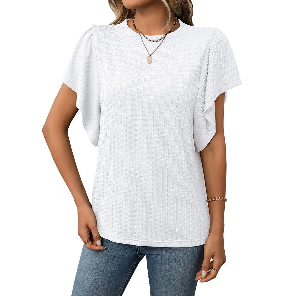 Summer Solid Color Round Neck Ruffle Sleeves Short Sleeved T-shirt Top
