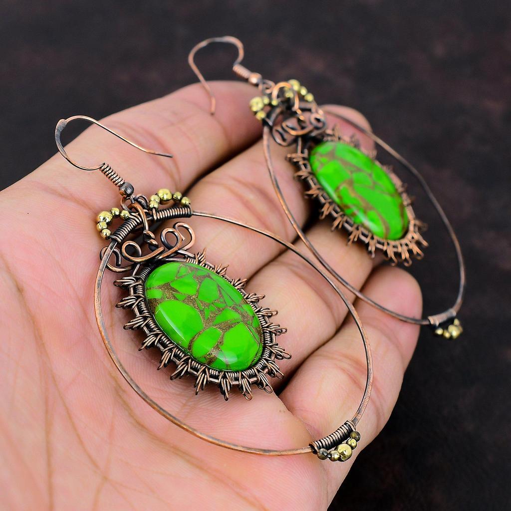 Cercei Turcoaz Verde Cupru Bijuterii Înfășurate în Sârmă de Cupru Piatră Prețioasă Cercei Handmade Piatră Natală Bijuterii Cadou Aniversare Cercei Sârmă de Cupru
