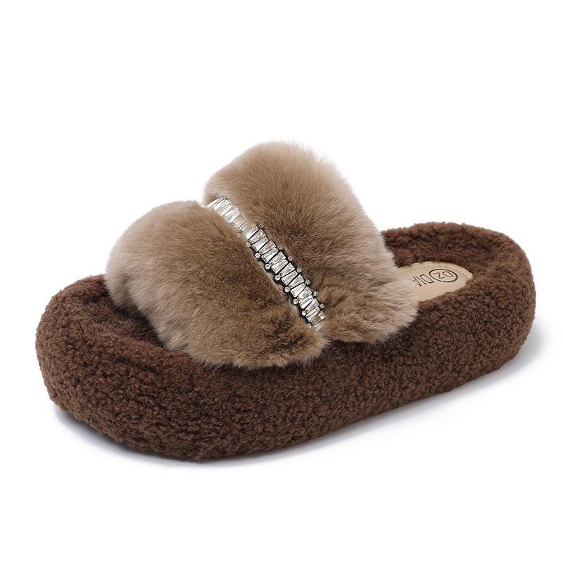 Thick-soled rhinestone fluffy slippers for women wearing new small trendy cotton slippers heightening shoes