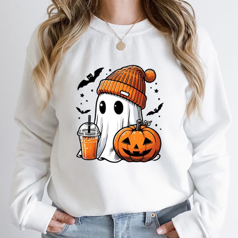 Women Fashion Creative Halloween Ghost Pumpkin Bat Print Pullovers Ladies Long Sleeves Halloween Hoodeless Sweatshirts