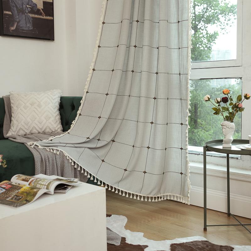 Grey Curtain Finished Product Embroidery Cotton And Linen Solid Color Plaid Coffee Insulation Living Room Kitchen Set Rod Partition Curtain