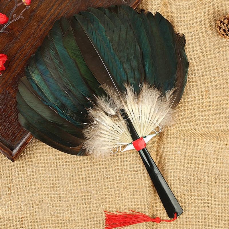 Vintage Chinese Fan Gooses Feather Wedding Party Fan Dance Feather Hand Fan Photograph Props Wood Craft Decorations Fan