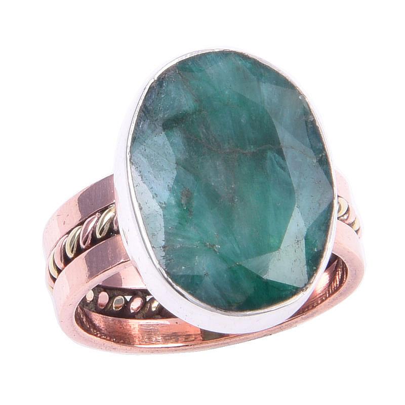 Emerald(Simulated) Handmade 925 Sterling Silver Jewelry Two Tone Ring S.7 R9s56