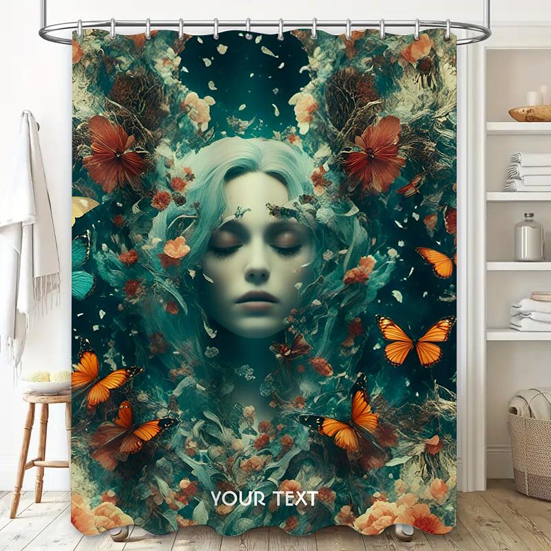 Bathroom Decor Shower Curtain Floral Butterflies Design with Customizable Text for Personalization in Home Decoration Supplies