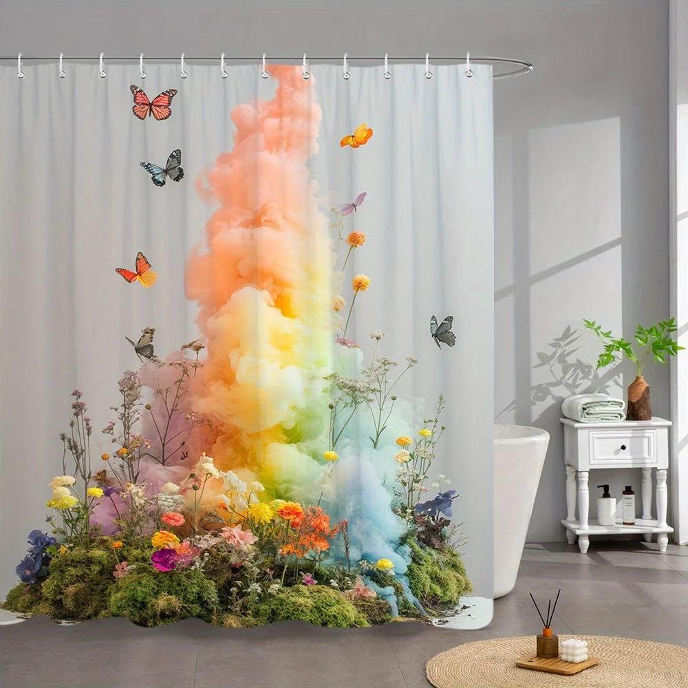 

1Pc Rainbow Smoke Bath Curtain - Vibrant Gradient Colors With Colorful Butterflies & Floral Base, Whimsical Fantasy Decor Polyes W60H190(CM)-1 Pcs