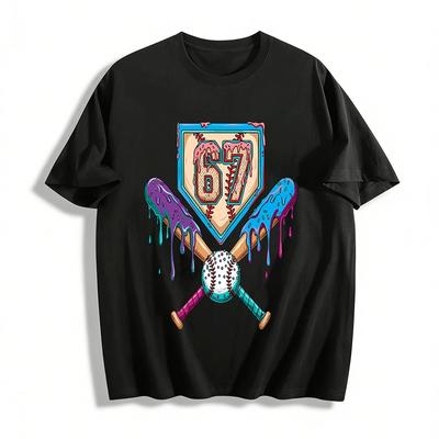 Baseball No.67 Melting Print Casual Tee For Teens Adults Pure Cotton T-shirt
