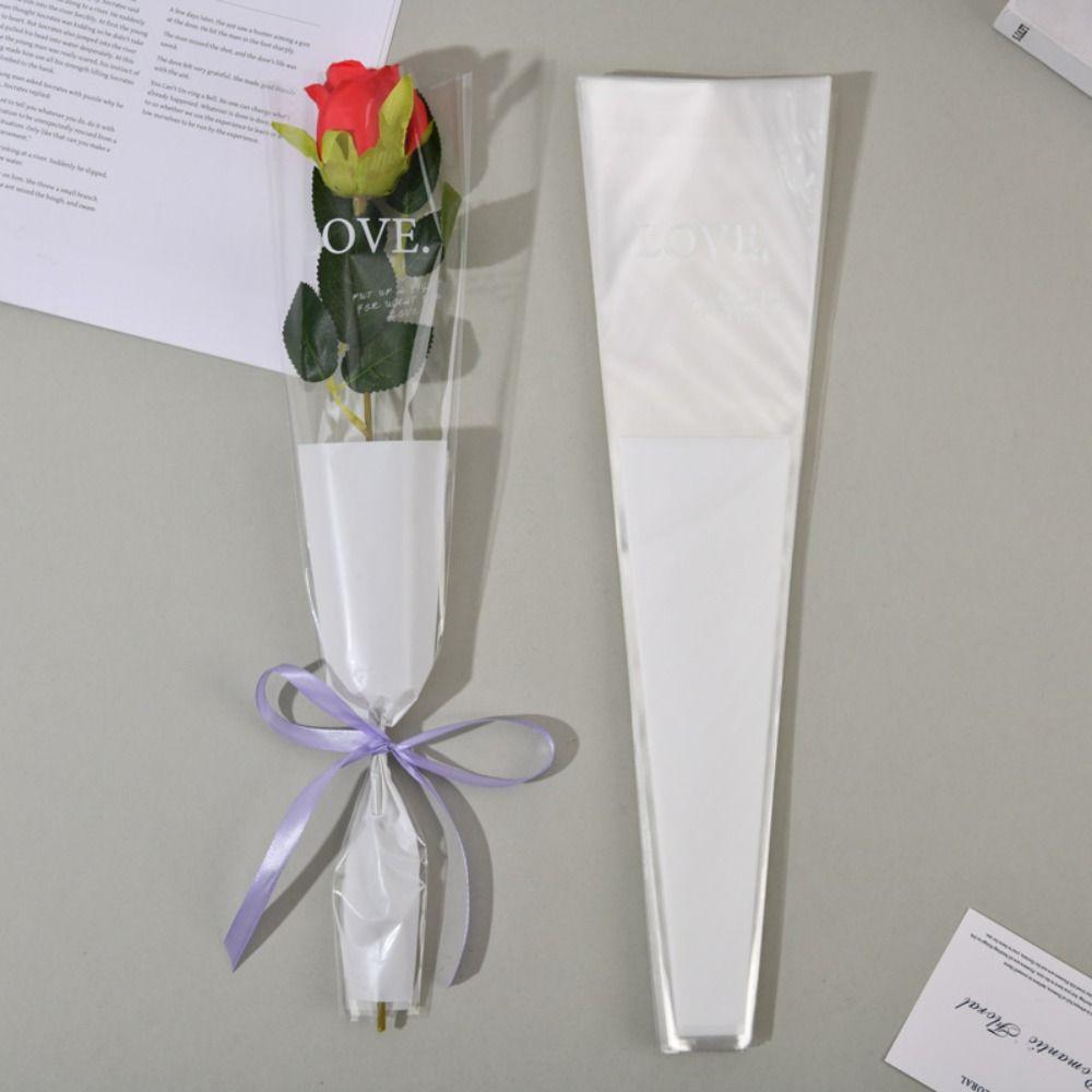 50Pcs Transparent Flower Packaging Bag Love Single Rose Sleeves Creative Bouquet Wrapper  Wedding