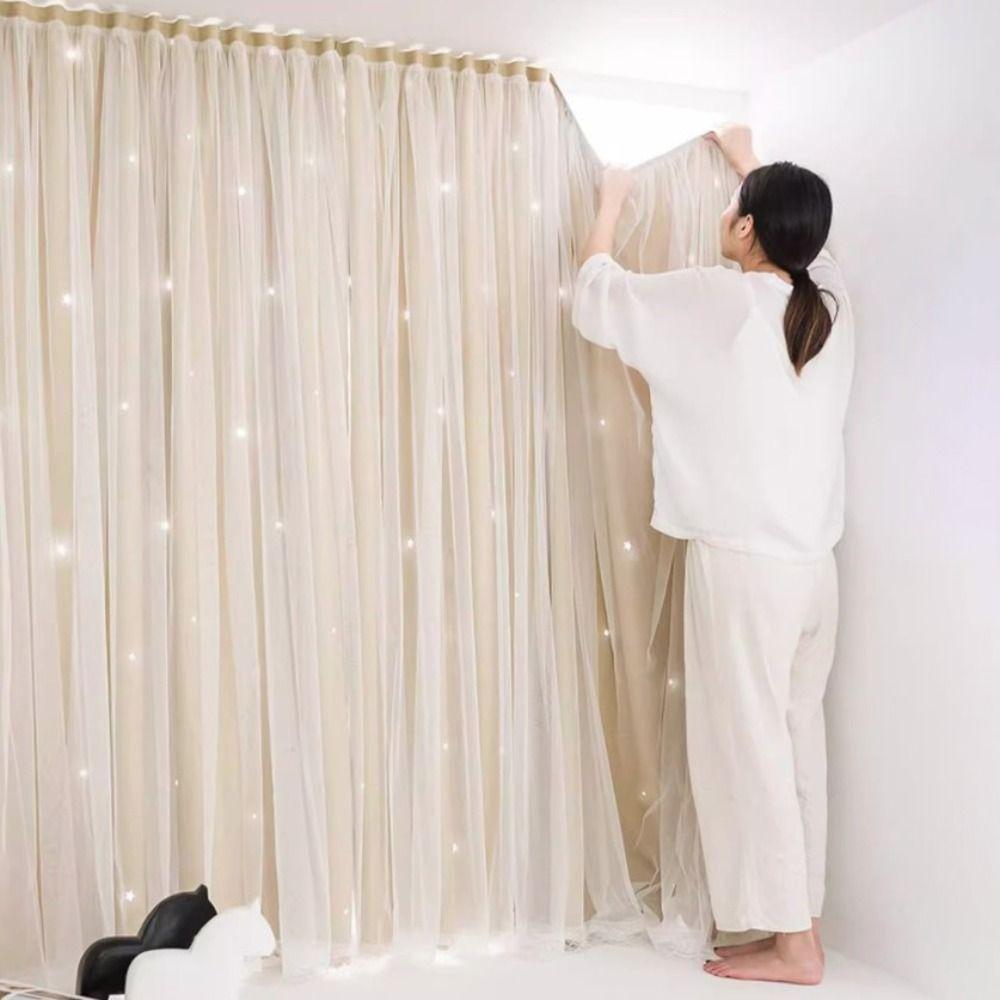1 Pc Non-perforated Hollow Star Curtain Double Layer Self-Adhesive Bedrroom Curtain Washable Detachable Stars Blackout Curtains