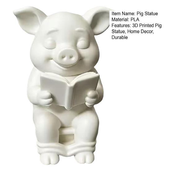 Yousheng 3D Printed Pig Statue, Mini Pig Figurine with Matte Frosted Surface, Dirt Resistant Cute Piglet Reading On Toilet