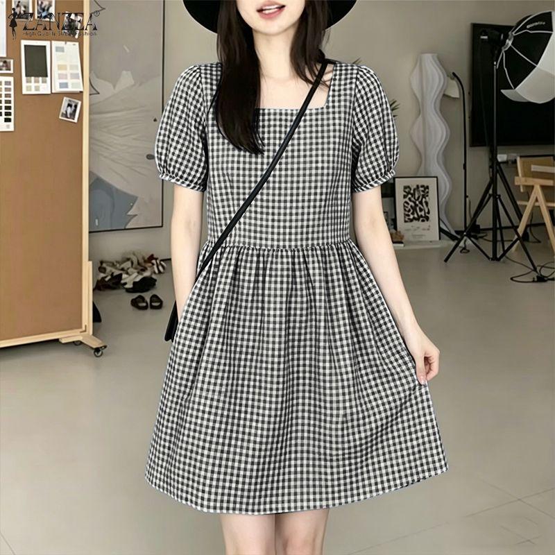 ZANZEA Women Casual Square Collar Summer Short Sleeve Grid Print Dress