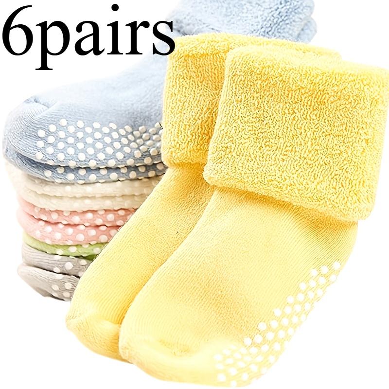 6 Pairs of Basic Color Socks, with Dot Glue for Anti-Slip, Suitable for Toddlers, Warm and Thick, Ideal for Both Boys and Girls.