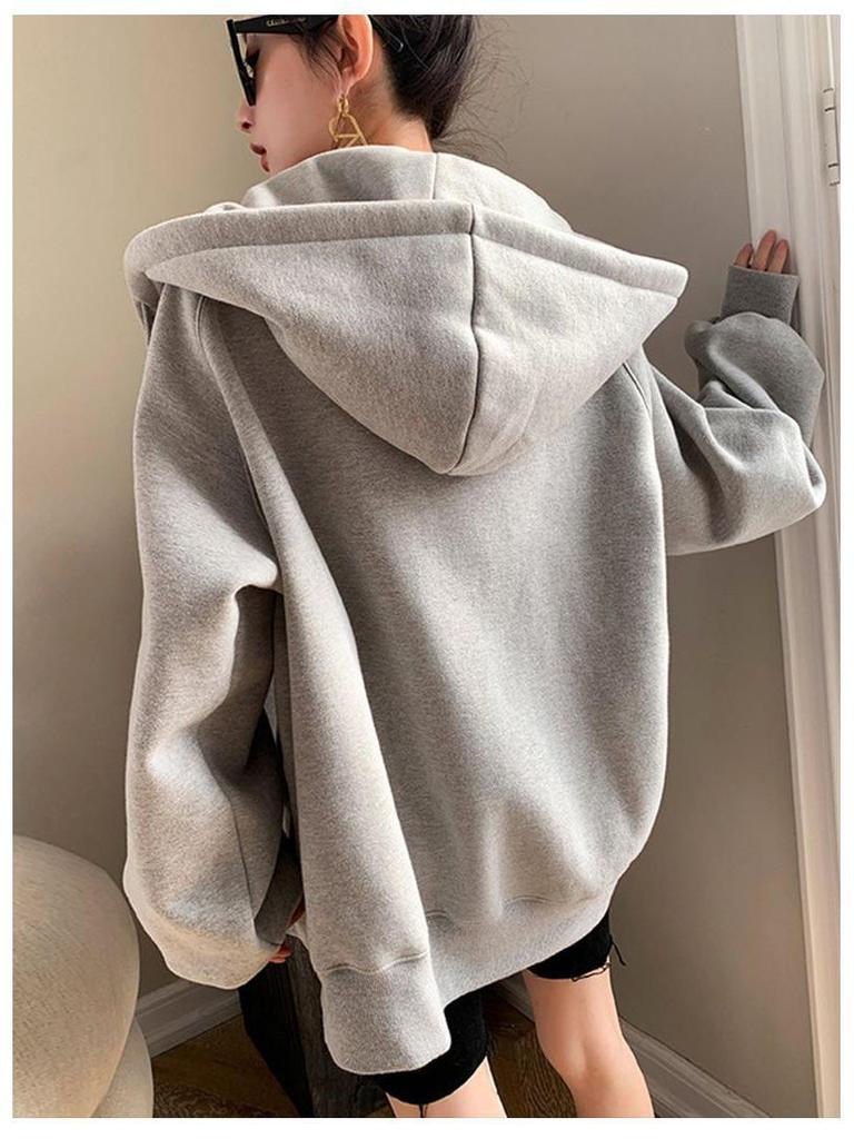 Women's Grey Hooded Sweatshirt: Autumn/Winter 2025 Loose Fit, Korean Style, Plus Velvet, Versatile American Retro Cardigan.