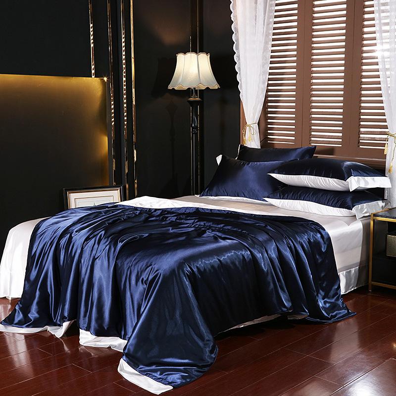 European Solid Color Mulberry Silk Bedding Sets Ice Silk Satin Cooling Bedclothes High Quality Skin-Friendly Smooth Duvet Kit