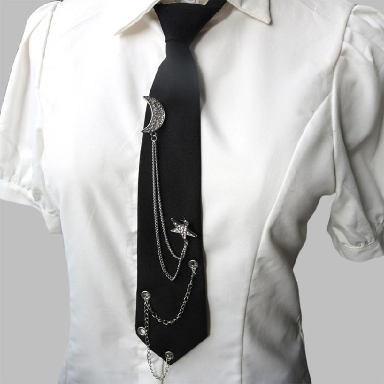 Student Pre Tied Neck Ties Preepy Look Rhinestones Star Metal Chain Dark Tie Cravat Neck Wear Accessories