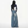 Vroege Lente Geplooide Zware Bloemen Wassen Hoge Taille Vloer Wijde Pijp Jeans Broeken Voor Dames Casual Broeken Oversized Jeans Broeken
