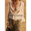 Spring and Summer New Women's Clothing French Style Casual round Neck Loose Bell Sleeve Shirt A- line Tops