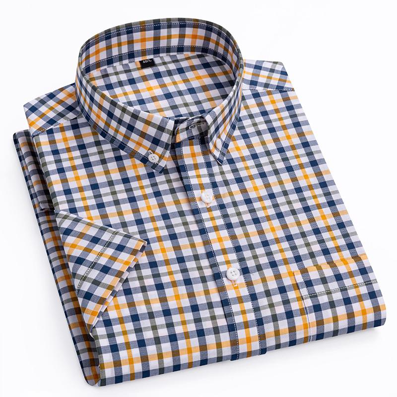 Men's Fashion Plaid Checkered Short Sleeve 100% Cotton Shirt Button-collar Holiday Youthful Striped Summer Casual Gingham Shirts
