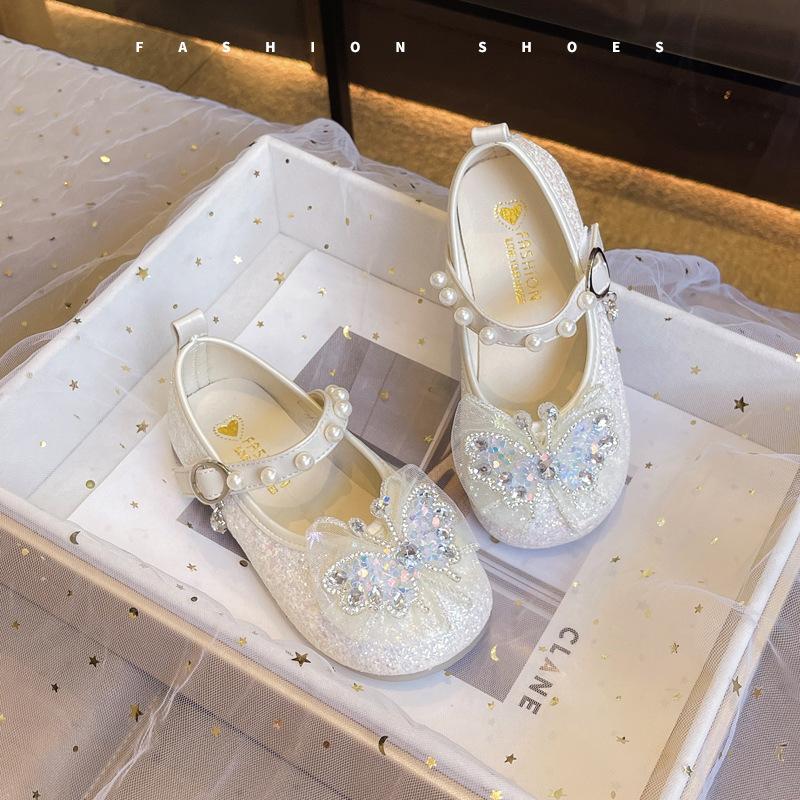 Pink girls princess shoes spring and autumn crystal shoes children's shoes white new dress single shoes girls small leather shoes