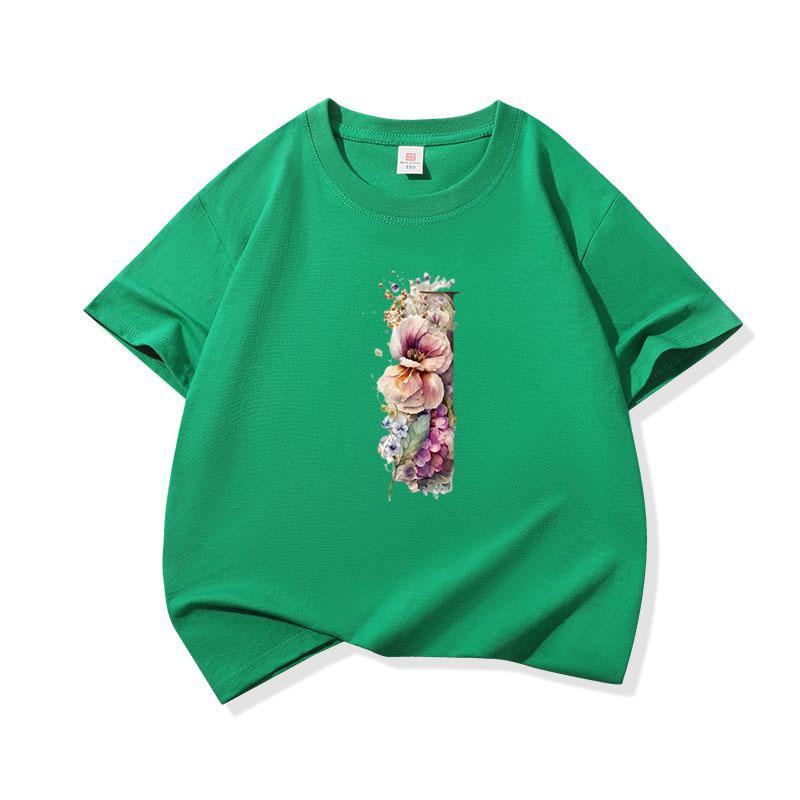 Kids Cotton T Shirt Floral Letter I Print Crew Neck Short Sleeve Tee Casual Boys Girls Summer Tops
