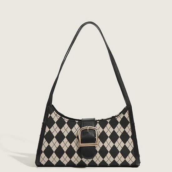 French Style Bag for Women 2025 New Baguette Bag Hot Girl Canvas Bag Quilted Underarm Bag Versatile Plaid Shoulder Bag чёрный