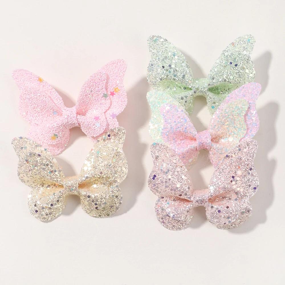 2/4/5Pcs Girls Cute Sequins Double Butterfly Hair Clip Bow Hairpins DIY Headwear Bow Decor Hairgrip Children Hair Accessories