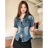 Women Summer Vintage Fashion Waist Slim Denim Short Sleeve Shirt Commuter Versatile Casual Blouse Tops