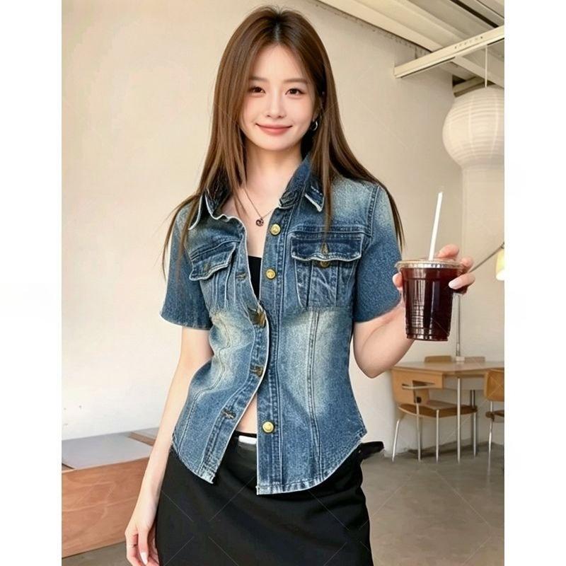 Women Summer Vintage Fashion Waist Slim Denim Short Sleeve Shirt Commuter Versatile Casual Blouse Tops