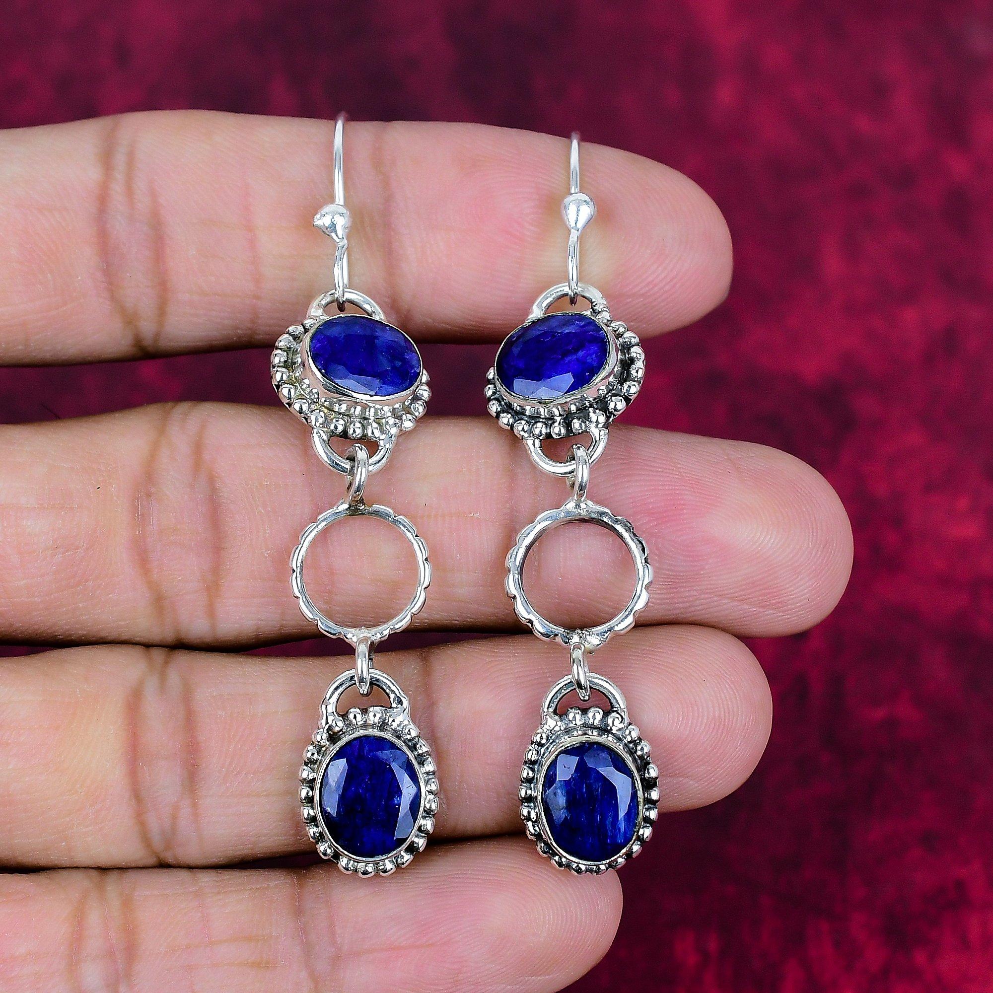 

Серьги с синим сапфиром, серьги с драгоценными камнями ручной работы, серьги из цельного серебра 925 пробы, антикварные ювелирные изделия, для подарка на помолвку 2.76 Inches синий