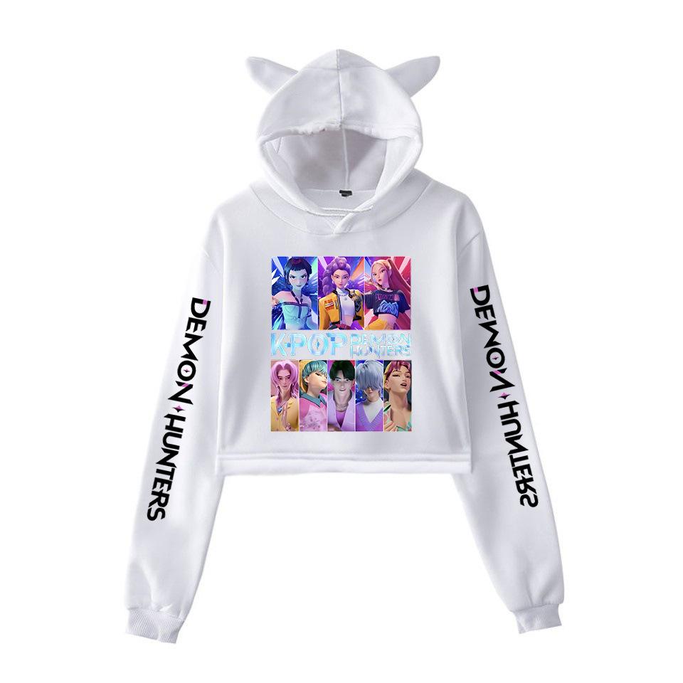 Anime K-Pop Dämonenjäger Saja Boys Crop Tops Katzenohren Sweatshirt Langarm Mädchen Mode Kapuzenpullover