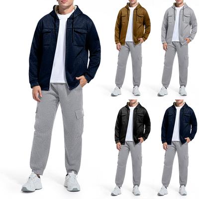Men  Waverg  Zipper  Pocket  Flip Collar  Self-Cultivation  Cardigan  Jacket  Set