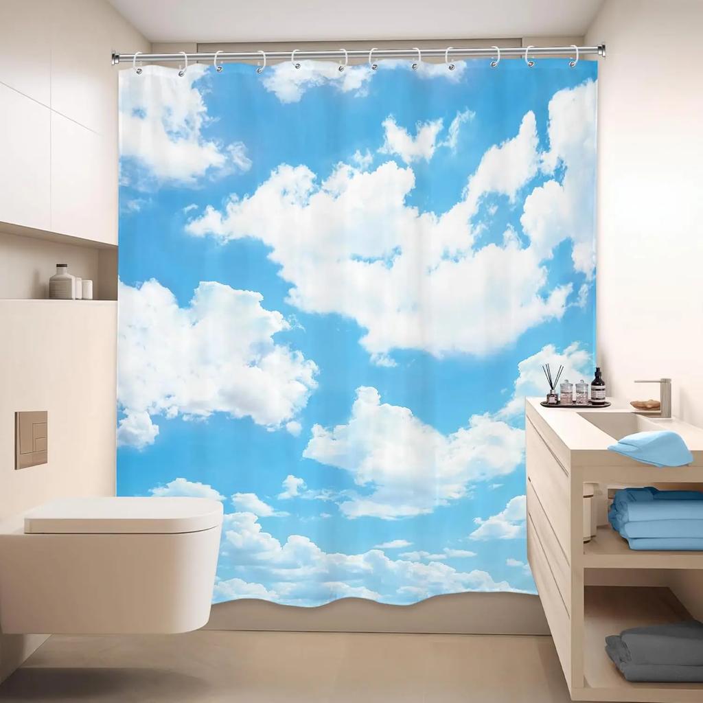 Blue Sky Background Cloud Shower Curtain Natural Landscape Waterproof Fabric Polyester Bathtub Decoration 12 Pack Hook