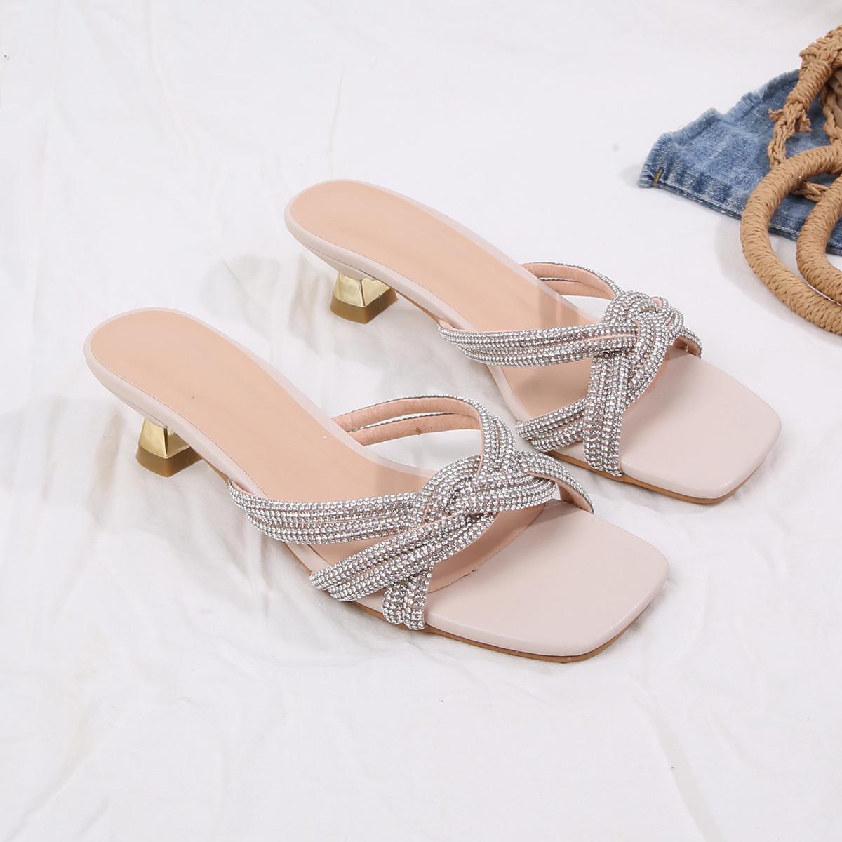 Women s Summer 2026 Rhinestone Strap Mid-Heel Slide Sandals 42