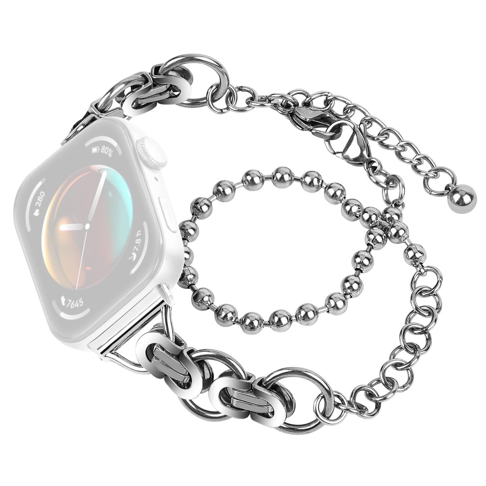 

For Huawei Watch Fit 3 Dual Circle Stylish Smart Watch Strap Beaded Chain Alloy Bracelet Silver