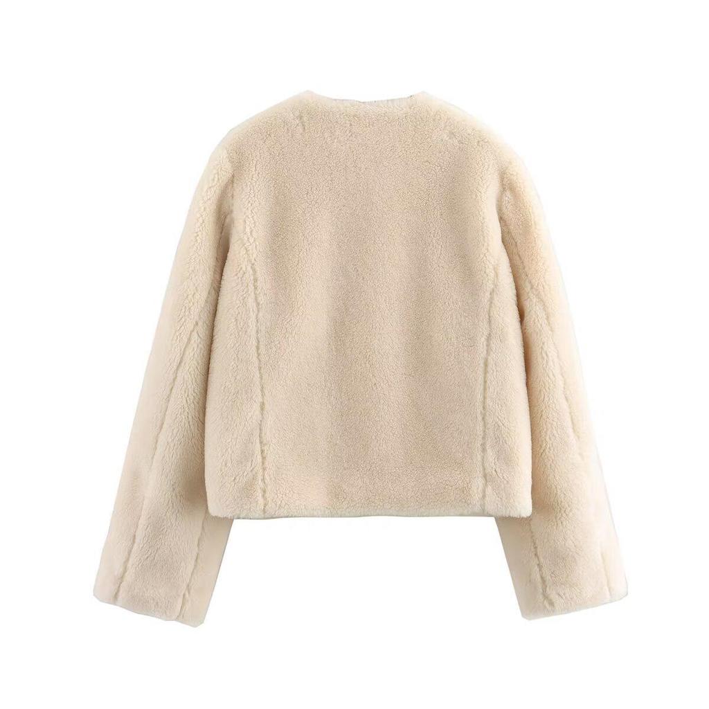 European & American Fashion Women's Fleece Jacket 2025 - Winter/Spring, Casual, Wide Pocket, Buckle Decor, X924003