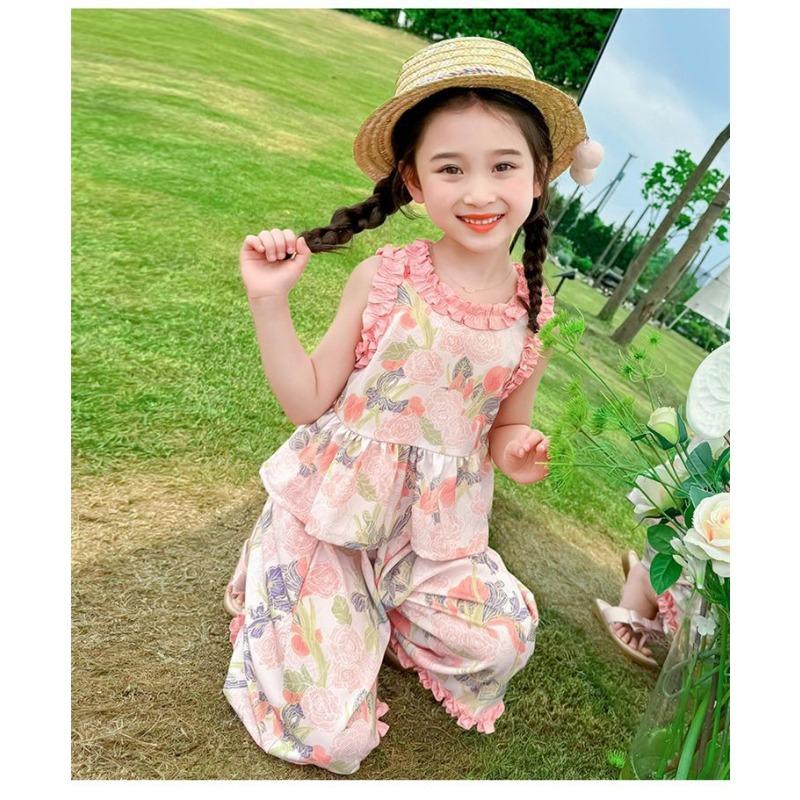Blumiges Sommer-Weste-Set für Mädchen, Baby-Kinder-Pilzkanten-Zweiteiler