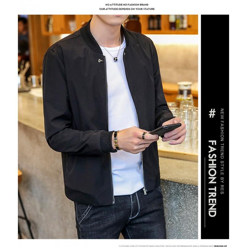 18 Stretch Fabric Mens Jacket Young Adult Slim Fit Stand Collar Solid Color Casual Outerwear
