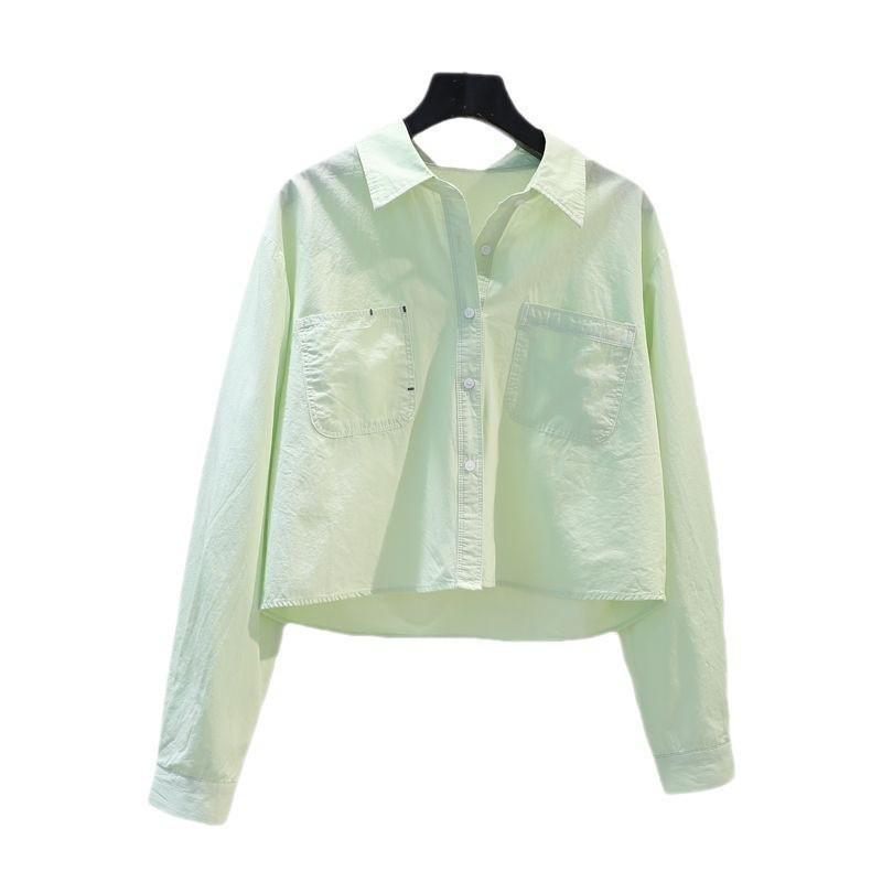 2026 Spring/Autumn Women’s Fresh Light Blue Double Pocket Loose Long Sleeve Crop Shirt