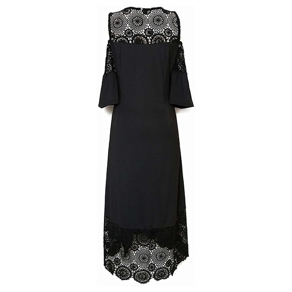 Women Lace Patchwork Ruffle Sleeve Pullover Dress Cold Shoulder Midi Dress with Floral Hemline for Casual and Semi-Formal Wear