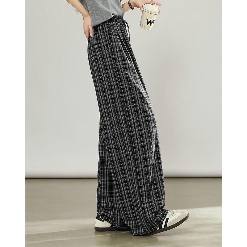 TERRE BLEUE Women's Plaid High-Waist Loose Straight-Leg Pants