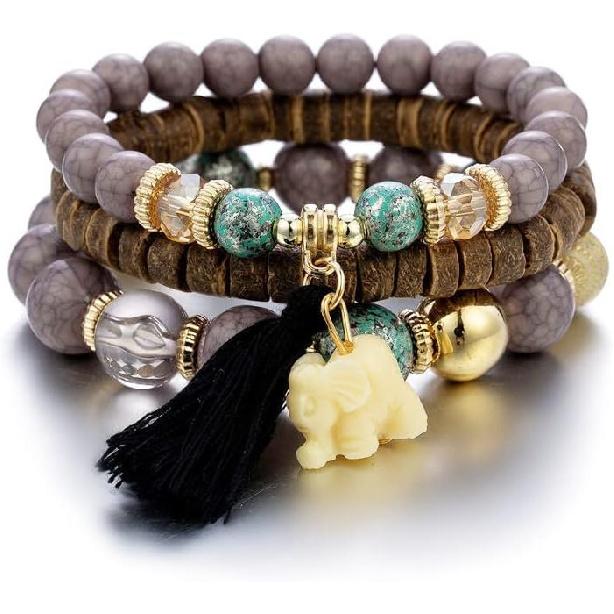 

Pingyongchang Elephant Bead Stretch Bracelet Boho Multilayer Adjustable Wooden Bead Tassel Womens Strand Bracelet Bangle Charm Jewelry Set Best чорний