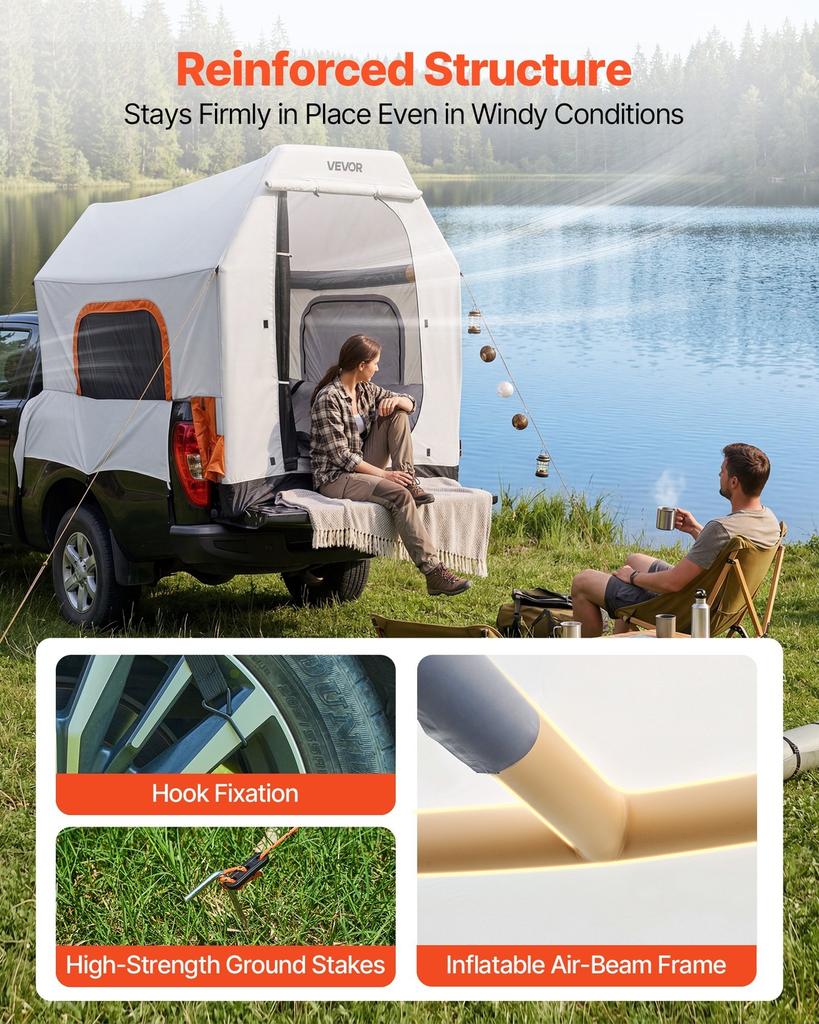 Inflatable Pickup Truck Tent, 2.2 x 1.65m 3-Season Truck Bed Tent with Ventilated Mesh Windows, PU2000mm Waterproof Pickup Camping Tents for Outdoor