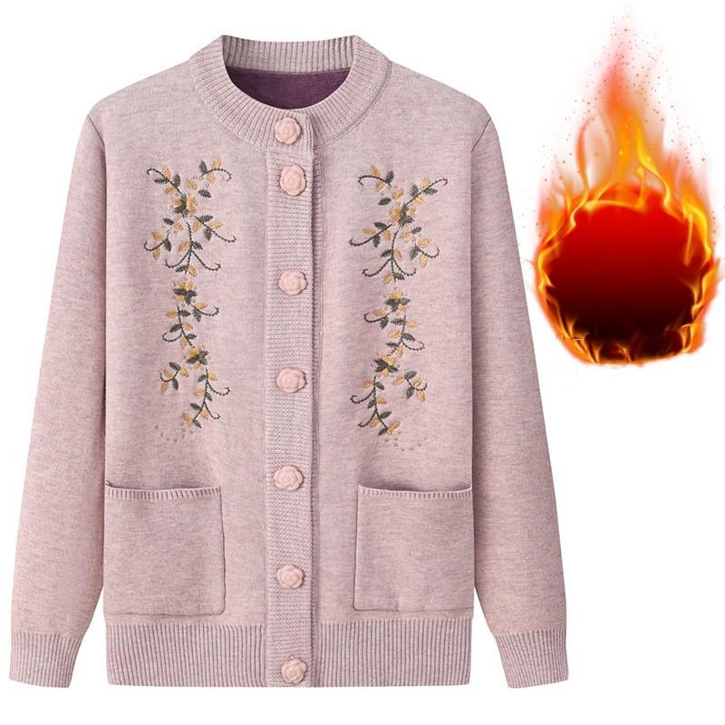 Women's Autumn Winter Fleece Thicken Sweater Middle-aged Knitted Casual Cardigan Coat