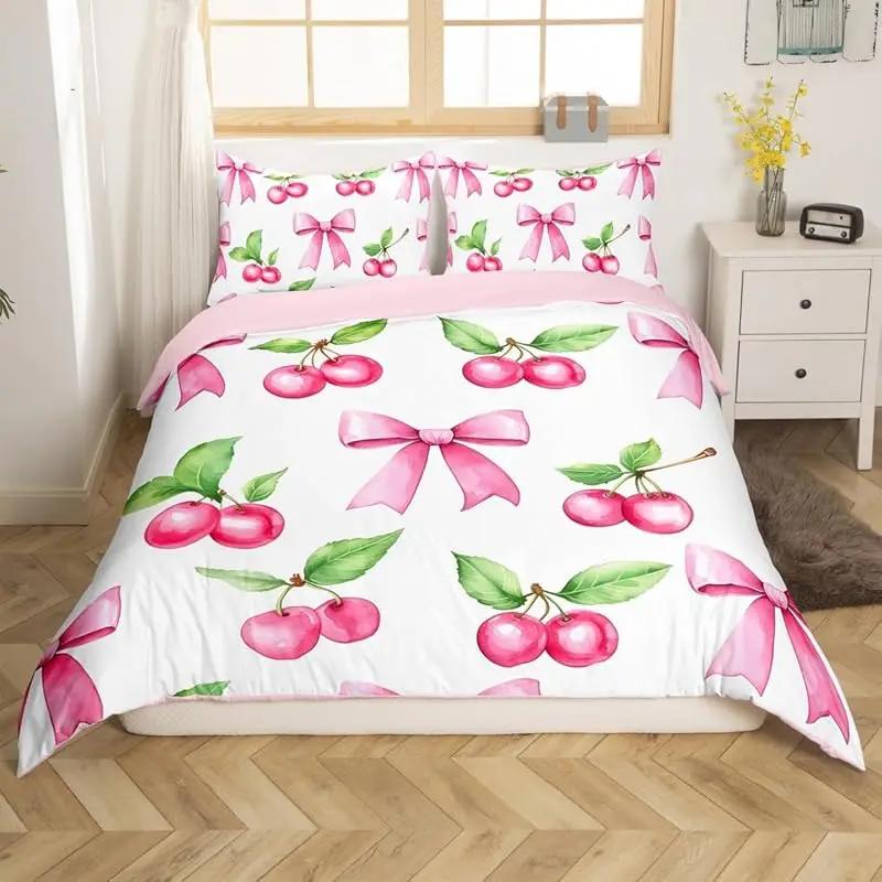 Kreskówkowy różowy zestaw pościeli księżniczki z kokardą, dekoracja sypialni dziewczynki, różowo-biały poszewka na kołdrę, 2 poszewki na poduszki