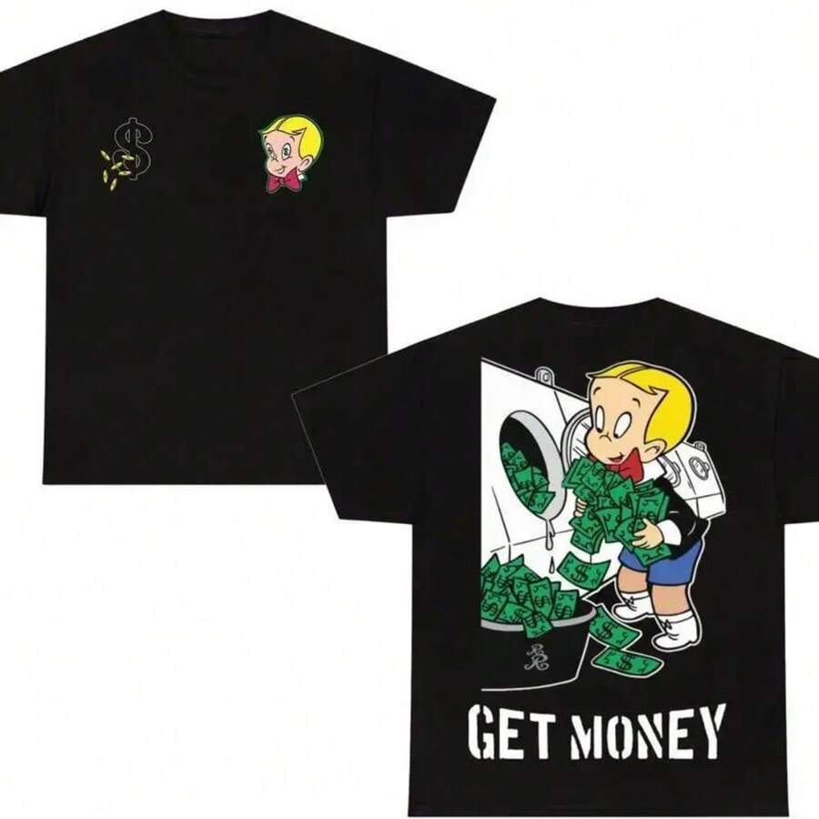 

Funny Richie Rich Get Money T-Shirt, Cartoon Money Laundering Tee, Retro Wealthy Graphic Shirt, Meme S разноцветный