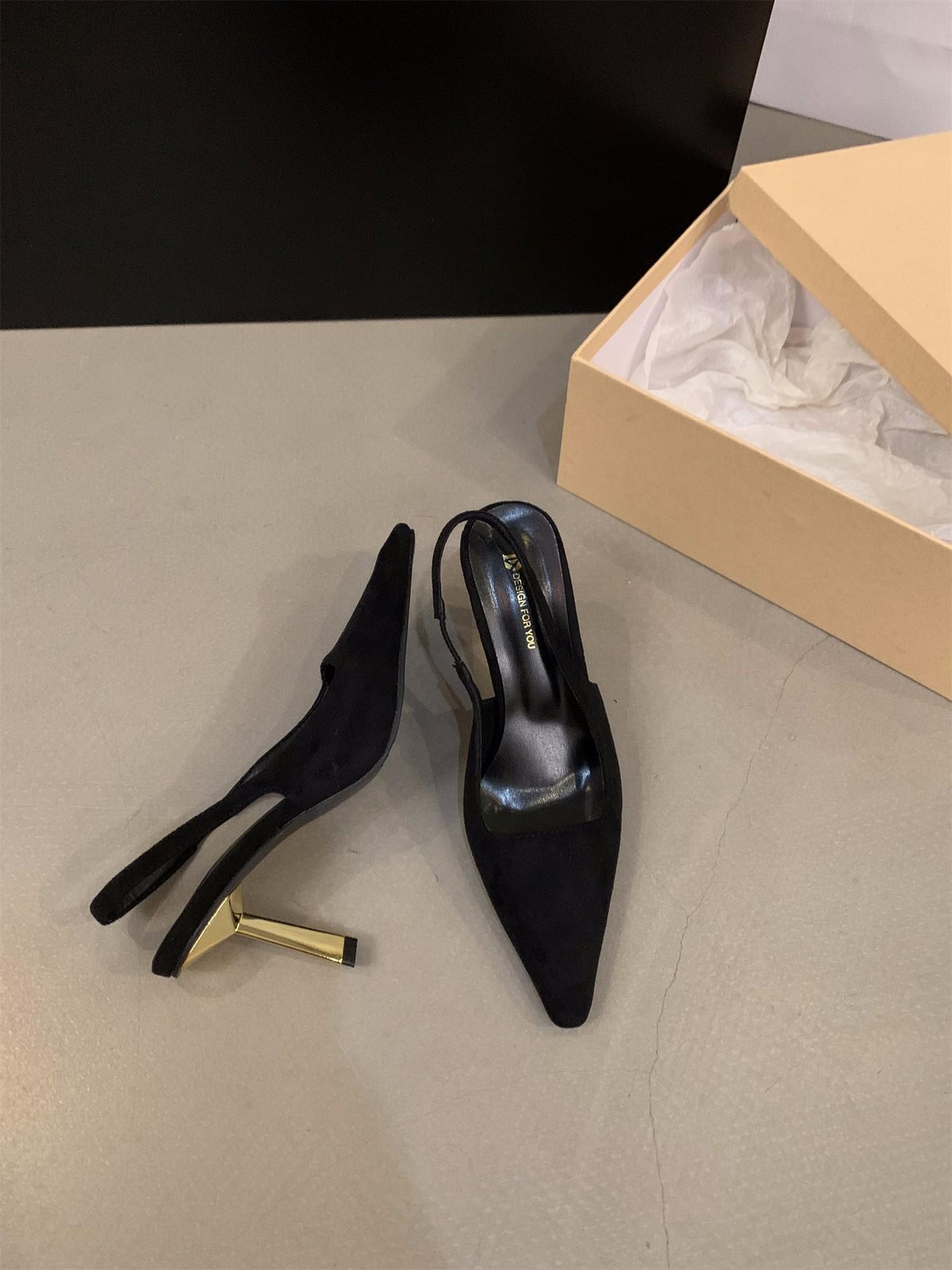 

Нишевые высококачественные французские босоножки-мешки, туфли-феи 2025 года, коричневые туфли с острым носком на высоком каблуке 40 чёрный