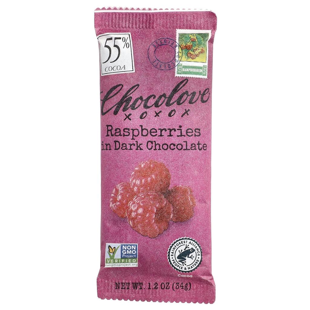 Chocolove, Raspberry in Dark Chocolate, 55% Cocoa, 34g (1.2oz)