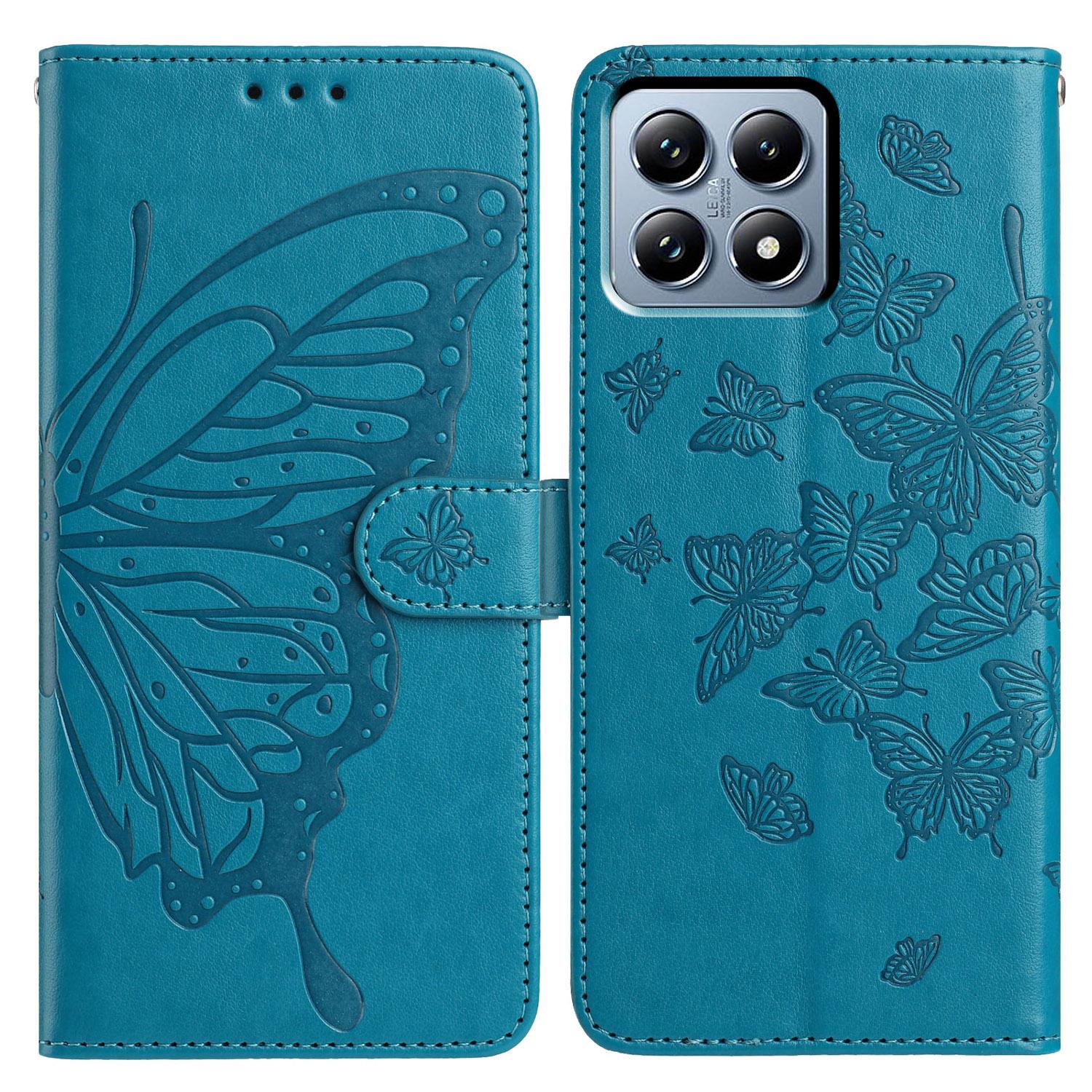 

For Xiaomi 15T Case Butterfly Imprinted Wallet Stand PU Leather Flip Phone Cover with Strap Blue