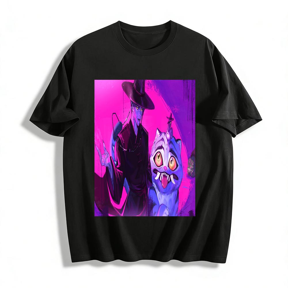 

Dark Style Chinese Swordsman & Cute Monster Cat Print T-shirt Trendy Streetwear Loose Crewneck Top Pure cotton T-shirt XXS
